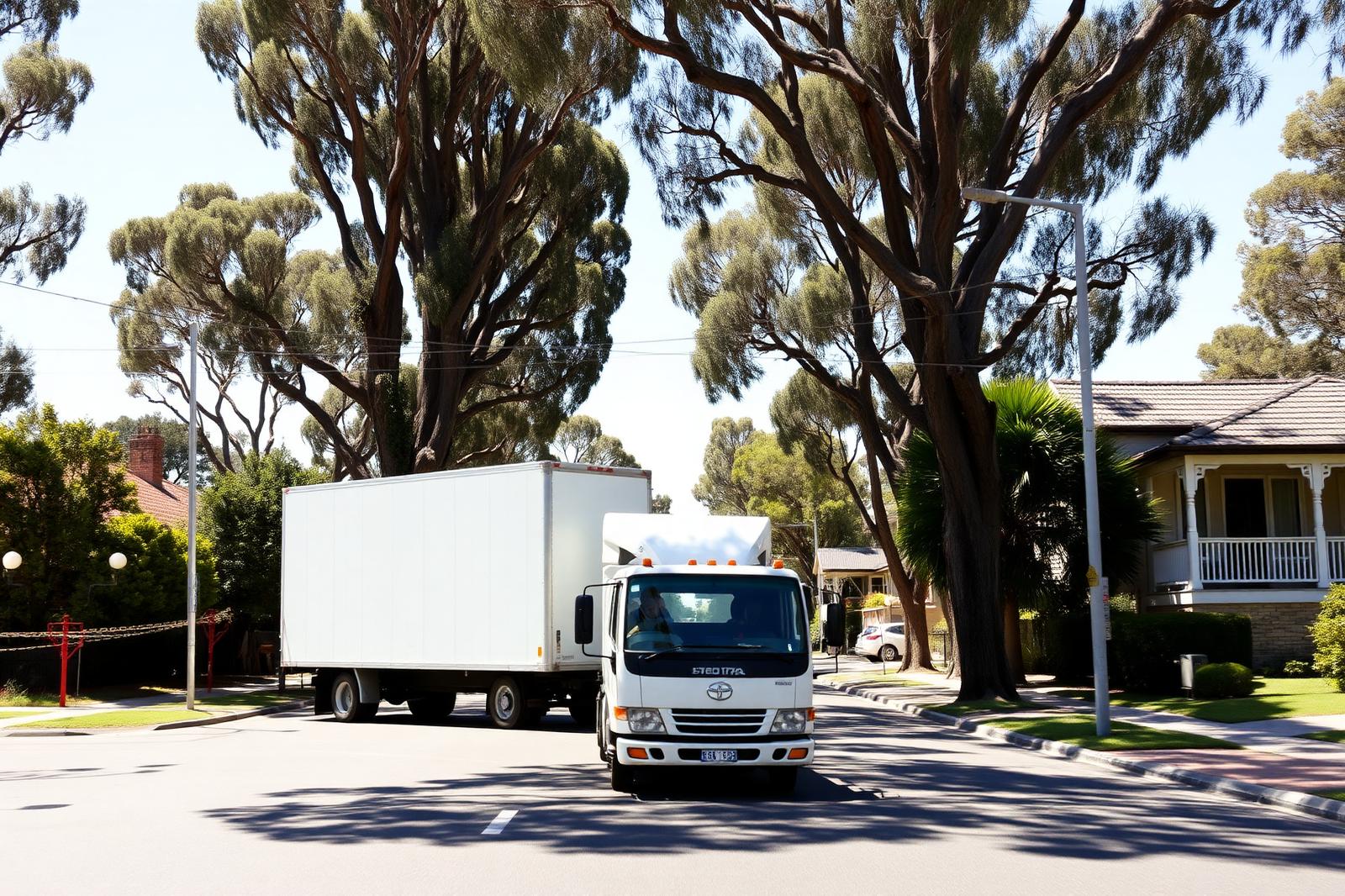 WM Removals truck on a leafy Adelaide suburban street