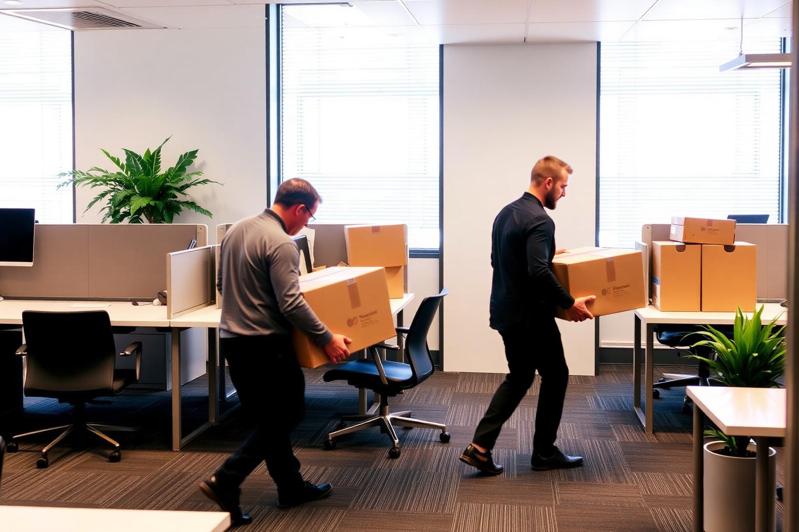 Movers carrying boxes through a modern Adelaide office during a relocation