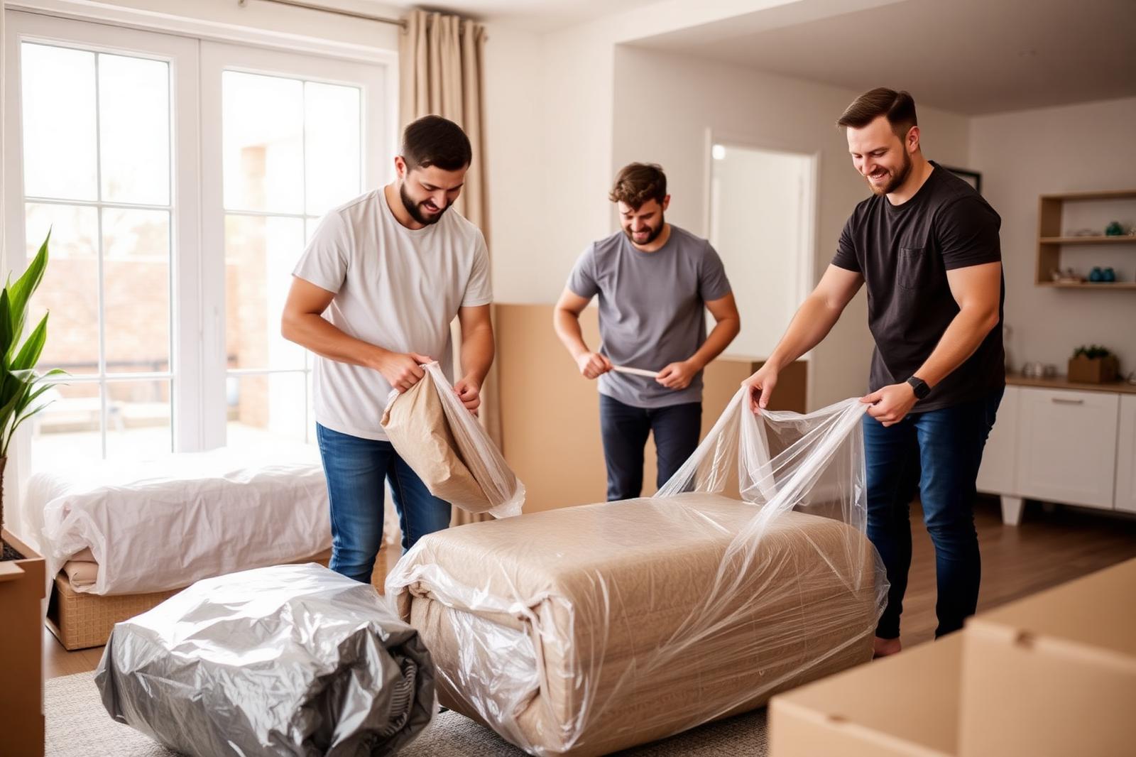 WM Removals professional packers wrapping furniture in an Adelaide home